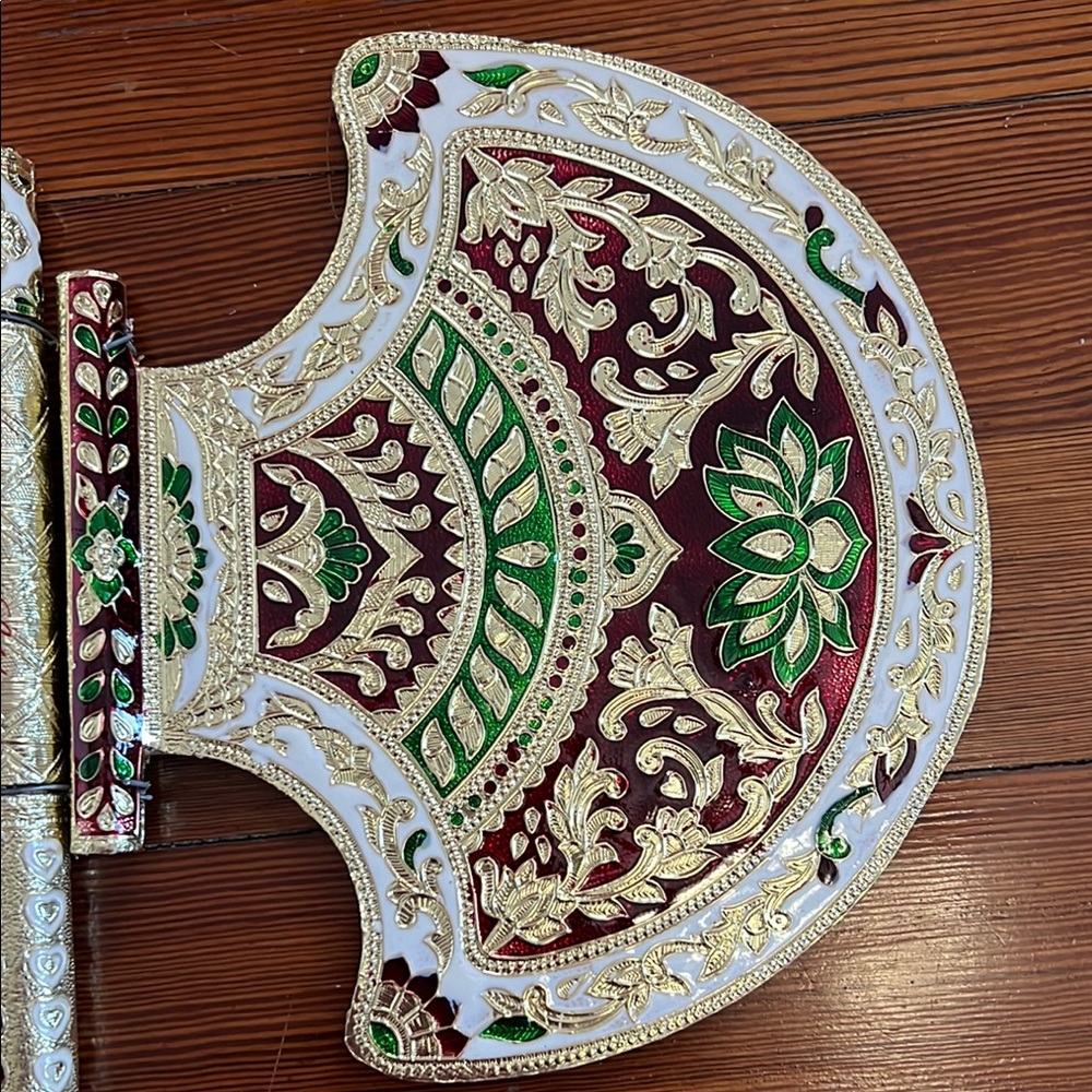 Intricately Designed Decorative Axe  Shaped Hand Fan Gold, Green, Red colors New